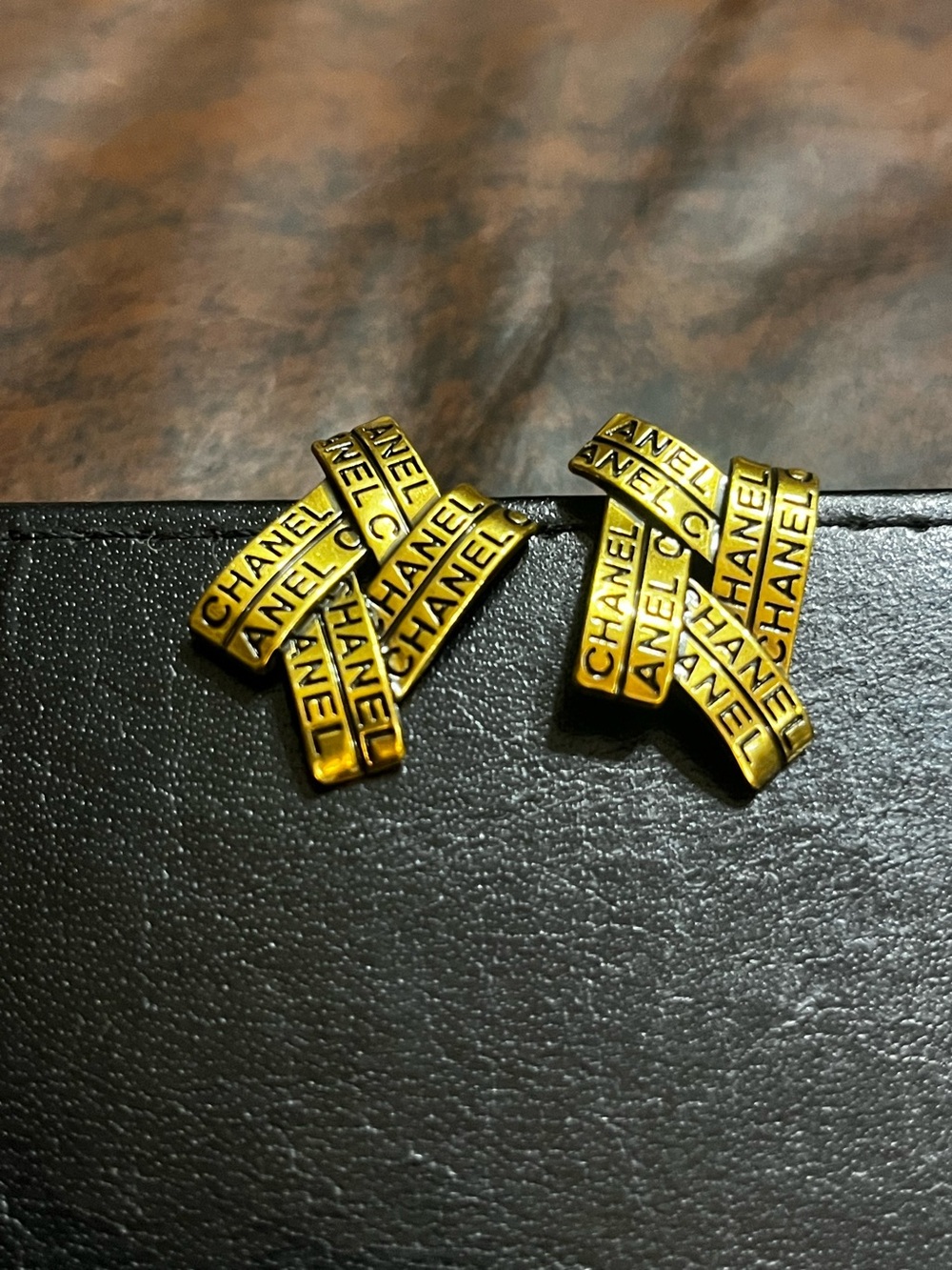 Double C Designer Brushed Gold Spell Out Earrings - Picture 2 of 6